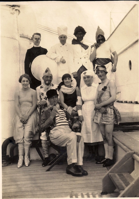 Fancy Dressers on the RMS Oropesa 5 May 1928 - Sproull, Chalmers, Wolfsohn, Mrs Tanner, Miss Whiteley, Mrs Whiteley, 5th Officer Evans, Alf Seeley